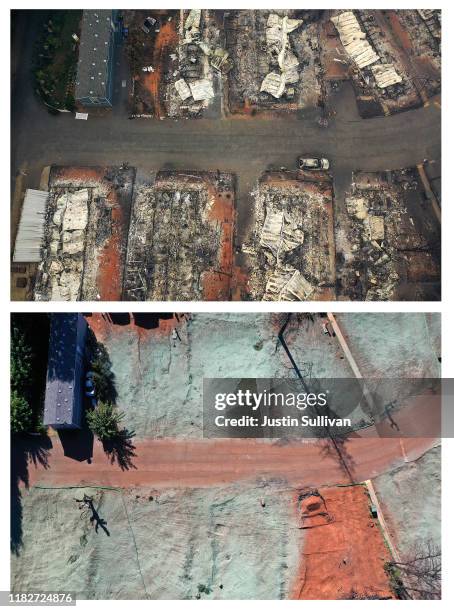 In this before-and-after composite image **TOP IMAGE** PARADISE, CA An aerial view of a neighborhood destroyed by the Camp Fire on November 15, 2018...