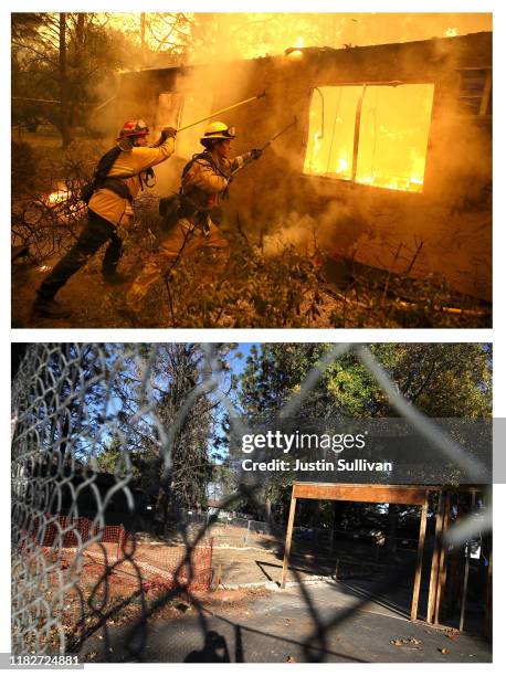 In this before-and-after composite image **TOP IMAGE** PARADISE, CA Firefighters try to keep flames from burning home from spreading to a neighboring...
