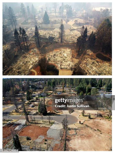 In this before-and-after composite image **TOP IMAGE** PARADISE, CA An aerial view of a neighborhood destroyed by the Camp Fire on November 15, 2018...