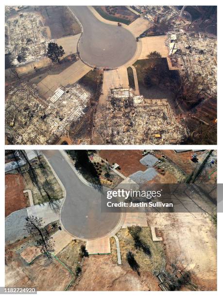 In this before-and-after composite image **TOP IMAGE** PARADISE, CA An aerial view of a neighborhood destroyed by the Camp Fire on November 15, 2018...