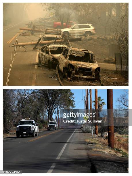 In this before-and-after composite image **TOP IMAGE** PARADISE, CA Power lines rest on cars that were burned by the Camp Fire on November 10, 2018...