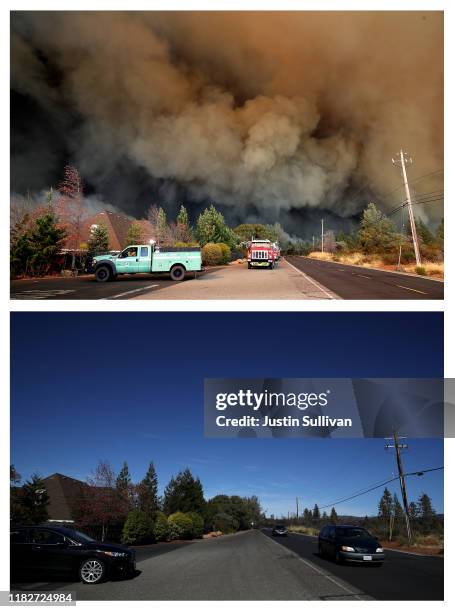 In this before-and-after composite image **TOP IMAGE** PARADISE, CA A plume of smoke rises above Pentz Road as the Camp Fire moves through the area...