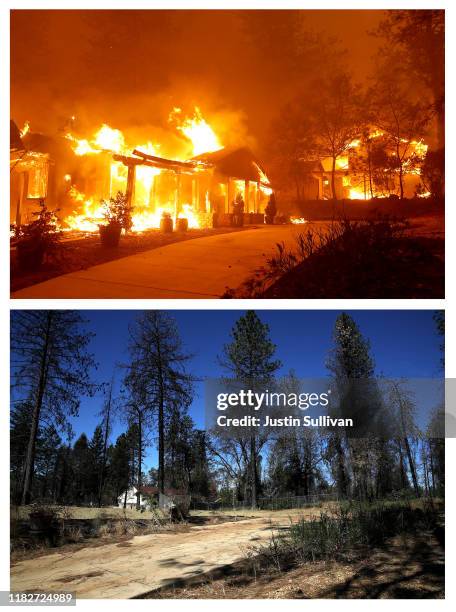 In this before-and-after composite image **TOP IMAGE** PARADISE, CA A home burns as the Camp Fire moves through the area on November 8, 2018 in...