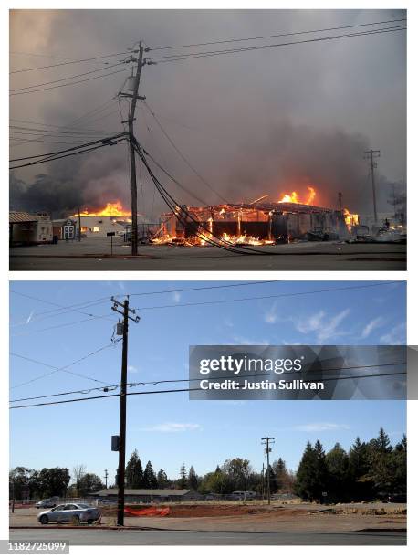 In this before-and-after composite image **TOP IMAGE** PARADISE, CA A business burns as the Camp Fire moves through the area on November 8, 2018 in...