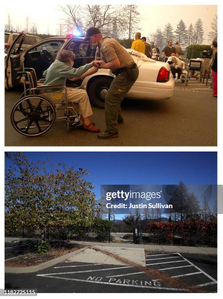 In this before-and-after composite image **TOP IMAGE** PARADISE, CA Hospital workers and first responders evacuate patients from the Feather River...
