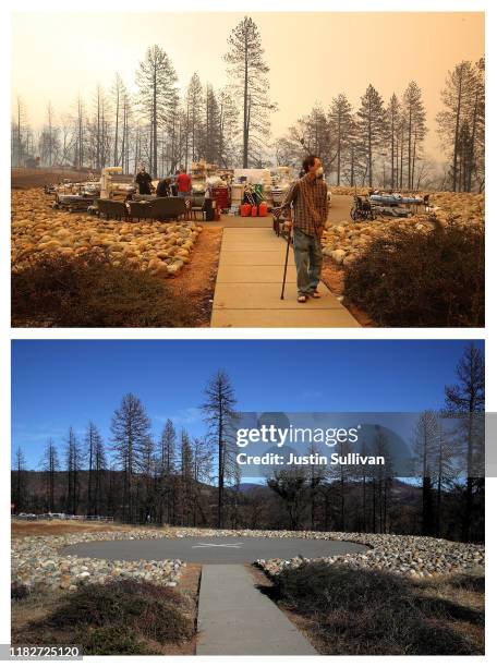 In this before-and-after composite image **TOP IMAGE** PARADISE, CA A patient walks away from a makeshift triage area as the the Feather River...