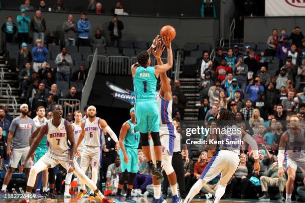 Malik Monk of the Charlotte Hornets hits the game winning shot during a game against the Detroit Pistons on November 15, 2019 at Spectrum Center in...