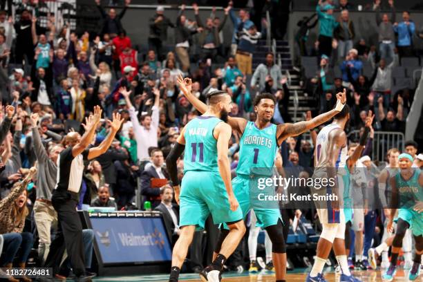 Malik Monk of the Charlotte Hornets reacts to hitting the game winning shot during a game against the Detroit Pistons on November 15, 2019 at...