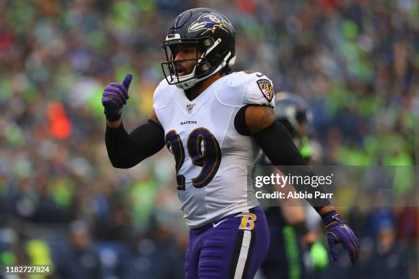Earl Thomas of the Baltimore Ravens gives a thumbs up signal in the second quarter against the Seattle Seahawks during their game at CenturyLink...