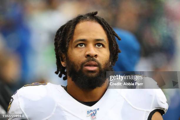 Earl Thomas of the Baltimore Ravens looks on against the Seattle Seahawks in the third quarter during their game at CenturyLink Field on October 20,...