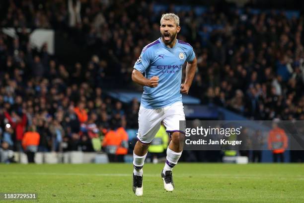 Sergio Aguero of Manchester City celebrates after scoring his team's second goal during the UEFA Champions League group C match between Manchester...