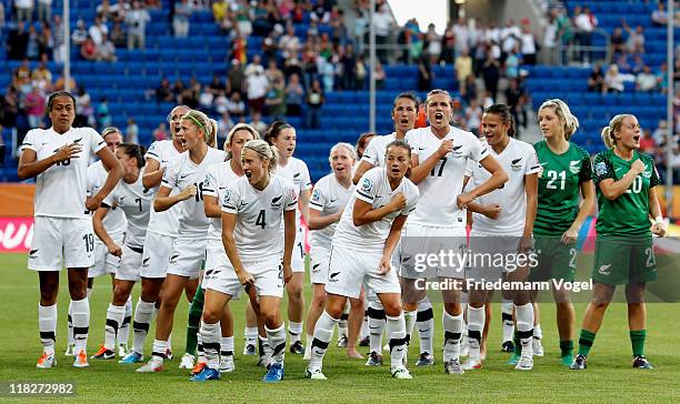 The team of New Zealand celebrates after the FIFA Women's World Cup 2011 Group B match between New Zealand and Mexico at Rhein-Neckar Arena on July...