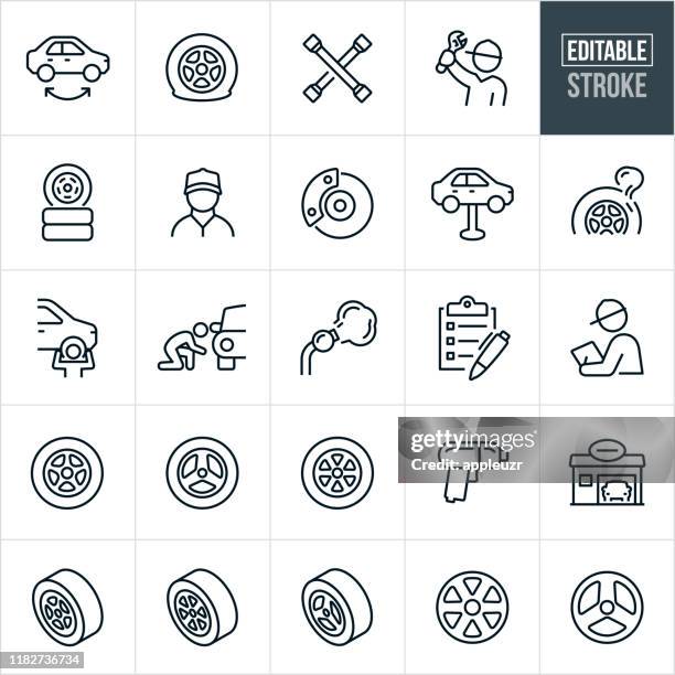 reifen shop dünne linie icons - editable stroke - installing stock-grafiken, -clipart, -cartoons und -symbole