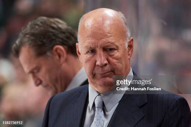 Head coach Claude Julien of the Montreal Canadiens looks on during the game against the Minnesota Wild at Xcel Energy Center on October 20, 2019 in...