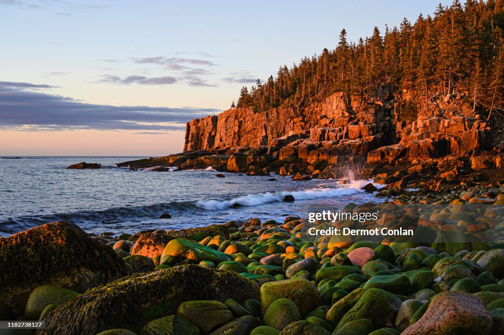 Otter Cliff at sunrise in Acadia National Park, USA
