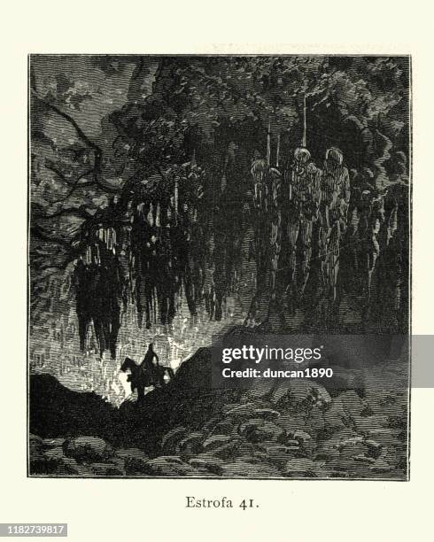 riding passed the gallows trees, hanging corpses. orlando furioso - hanging gallows stock illustrations