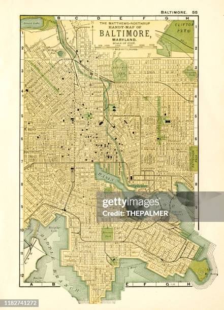 bildbanksillustrationer, clip art samt tecknat material och ikoner med baltimore maryland karta 1898 - maryland