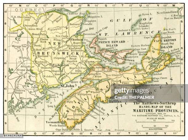 new brunswick and nova scotia map 1898 - maritime provinces stock illustrations