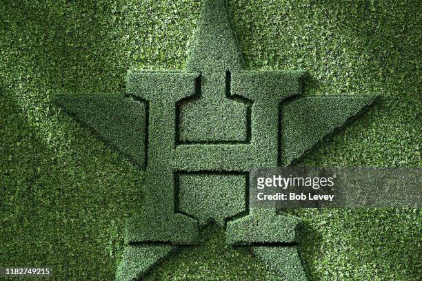 View of the Houston Astros logo in centerfield during batting practice prior to Game One of the 2019 World Series between the Houston Astros and the...