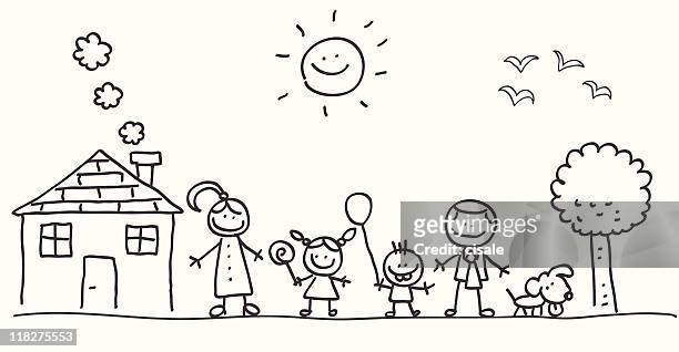 illustration of happy family with mother,father,children cartoon - family drawing 幅插畫檔、美工圖案、卡通及圖標
