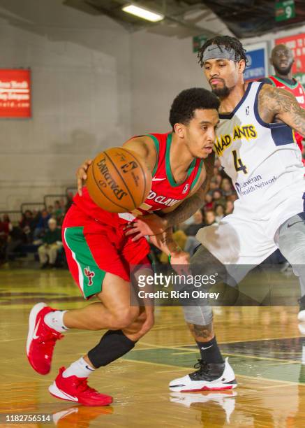 Tremont Waters of the Maine Red Claws drives against Walt Lemon, Jr. #4 of the Ft. Wayne Mad Ants in the 2019-2020 season home opener on Friday,...