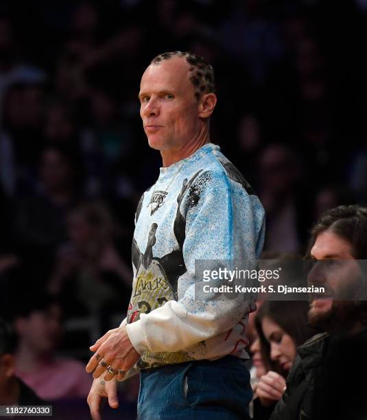 Flea of the Red Hot Chili Peppers attends a basketball game between the Sacramento Kings and the Los Angeles Lakers at Staples Center on November 15,...