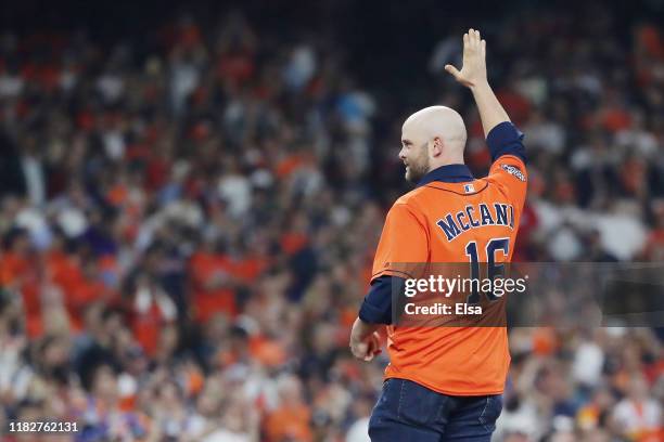 Brian McCann throws out the ceremonial first pitch prior to Game One of the 2019 World Series between the Houston Astros and the Washington Nationals...