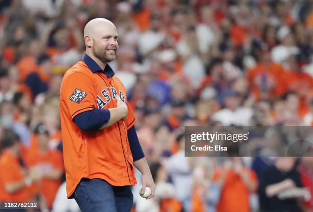 Brian McCann throws out the ceremonial first pitch prior to Game One of the 2019 World Series between the Houston Astros and the Washington Nationals...