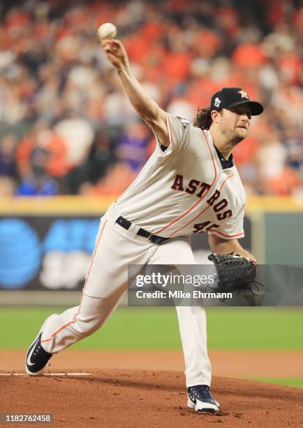 Gerrit Cole of the Houston Astros delivers the pitch against the Washington Nationals during the first inning in Game One of the 2019 World Series at...