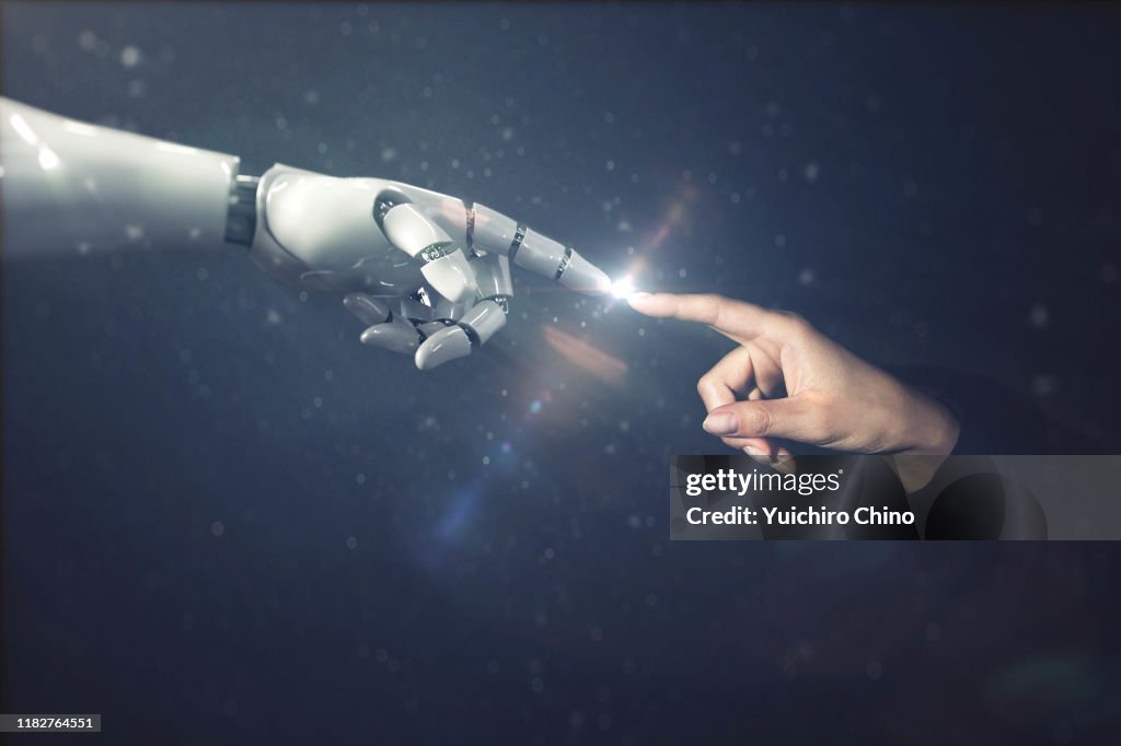 Robot finger touching to human finger