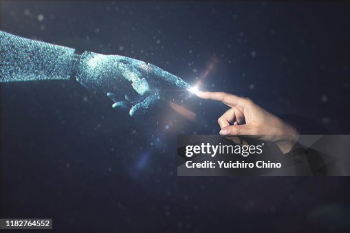 Artificial intelligence robot finger touching to human finger Artificial intelligence robot finger touching to human finger