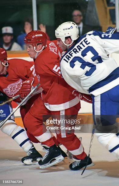 Johan Garpenlov of the Detroit Red Wings skates against Al Iafrate of the Toronto Maple Leafs during NHL game action October 10, 1990 at Maple Leaf...