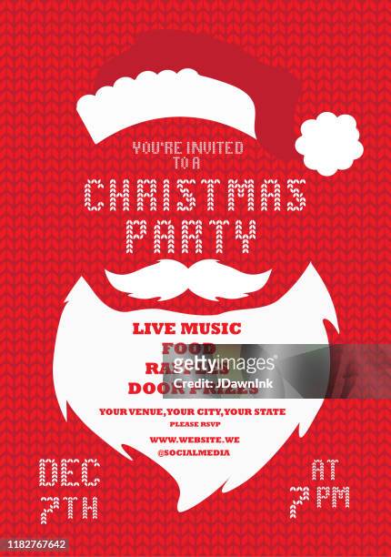christmas party invitation design template with santa claus beard and mustache on a knitted background - santa hat and beard stock illustrations