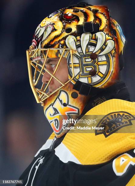 Tuukka Rask of the Boston Bruins looks on during the second period of the game against the Toronto Maple Leafs at TD Garden on October 22, 2019 in...