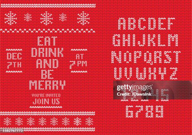 gestrickte weihnachten einladung design vorlage mit satz von alphabet schriftart design - knitted stock-grafiken, -clipart, -cartoons und -symbole