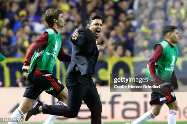 Marcelo Gallardo head coach of River Plate celebrates qualifying the the final after the Semifinal second leg match between Boca Juniors and River...