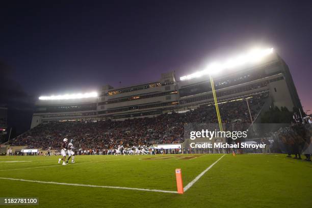 General view of Lane Stadium during the second half of the game between the Virginia Tech Hokies and the Rhode Island Rams on October 12, 2019 in...