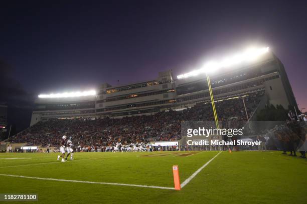General view of Lane Stadium during the second half of the game between the Virginia Tech Hokies and the Rhode Island Rams on October 12, 2019 in...