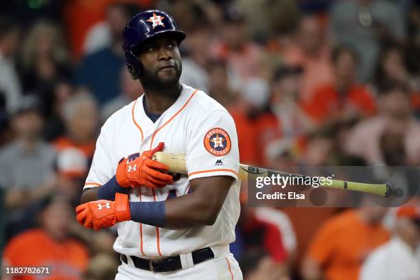 Yordan Alvarez of the Houston Astros reacts after striking out with the bases loaded against the Washington Nationals to end the seventh inning in...
