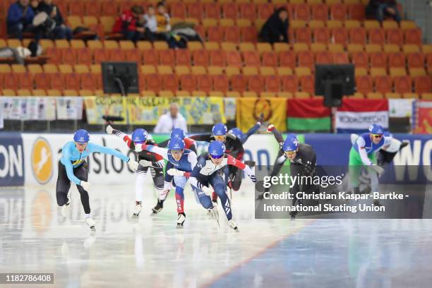 Jaewon Chung of Republic of Korea competes Men Mass Start Semi Final 2 race during the ISU World Cup Speed Skating at Minsk Arena on November 16,...