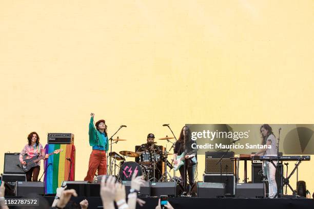 Lovefoxxx, Luiza Sa, Ana Rezende and Carolina Parra of Cansei de Ser Sexy performs live at Popload Festival on stage at Memorial da America Latina on...