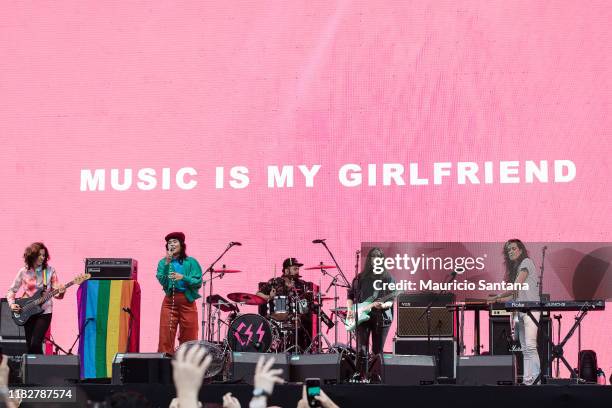 Lovefoxxx, Luiza Sa, Ana Rezende and Carolina Parra of Cansei de Ser Sexy performs live at Popload Festival on stage at Memorial da America Latina on...