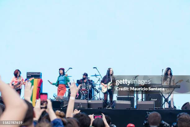 Lovefoxxx, Luiza Sa, Ana Rezende and Carolina Parra of Cansei de Ser Sexy performs live at Popload Festival on stage at Memorial da America Latina on...