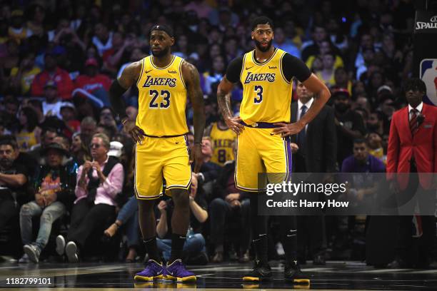 LeBron James and Anthony Davis of the Los Angeles Lakers reacts as they trail the LA Clippers during the fourth quarter in a 112-102 Clippers win...