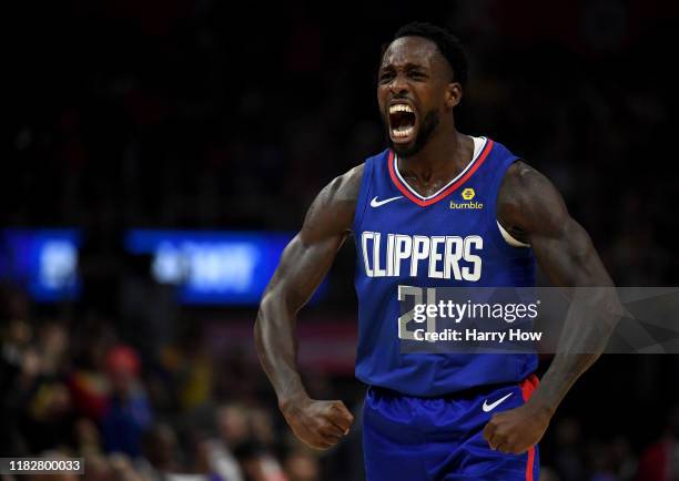 Patrick Beverley of the LA Clippers reacts to a Montrezl Harrell basket and foul in a 112-102 win over the Los Angeles Lakers during the LA Clippers...