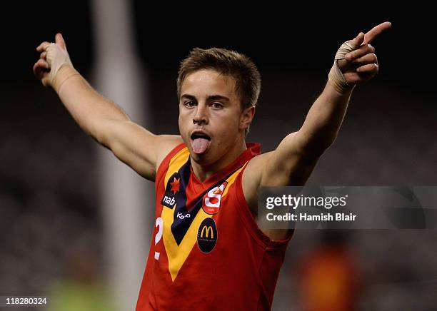 Ben Kennedy of South Australia celebrates a last quarter goal during the Under 18 AFL Championships match between South Australia and Western...