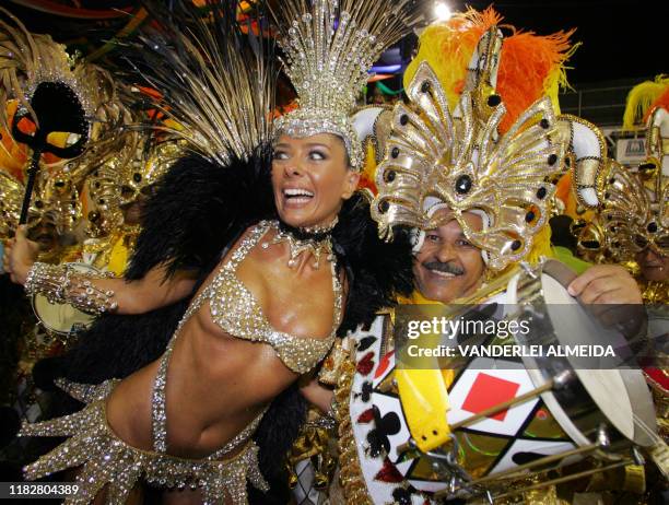 Adriane Galisteu , Queen of the Drums of Academicos da Rocinha samba school performs during the opening night of Rio de Janeiro's Carnival parade at...