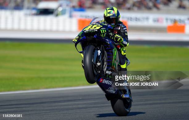 Monster Energy Yamaha MotoGP Italian driver Valentino Rossi rides during the fourth free practice session of the MotoGP Valencia Grand Prix at the...
