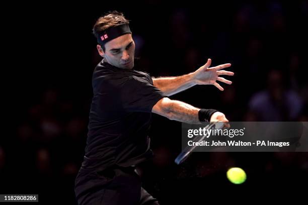 Roger Federer during the Men's Singles semi-final match against Stefanos Tsitsipas on day seven of the Nitto ATP Finals at The O2 Arena, London.