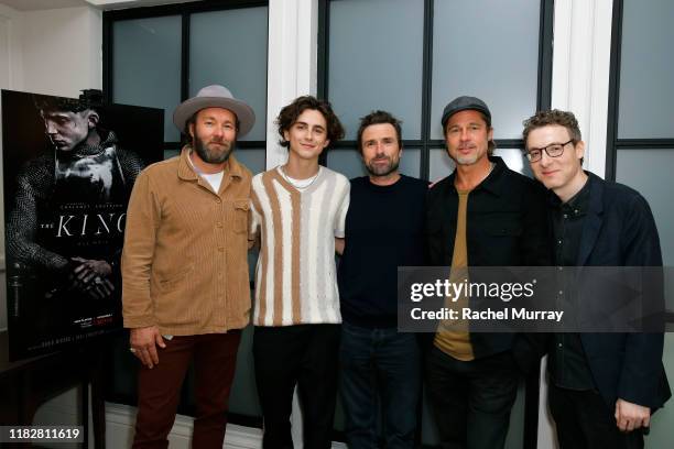 Joel Edgerton, Timothee Chalamet, David Michod, Brad Pitt and Nicholas Britell attend Netflix Presents 'The King' Tastemaker at The London Hotel on...